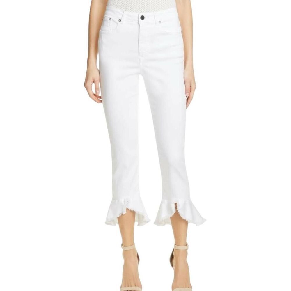 Alice + Olivia AO LA Zoe Ruffled Hem Jeans in White Vintage Sugar